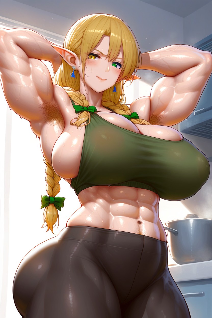 Exposed Extra Hairy Armpits, Broad Shoulders, Elf Female Hentai AI Porn
