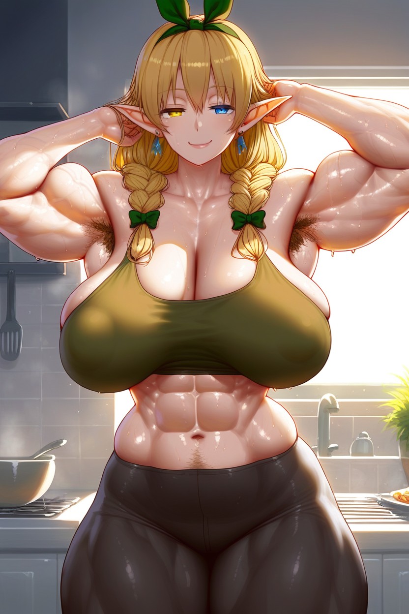 Hyper Ripped Wide Abs, Extra Hairy Armpits, Smug Expression Hentai AI Porn