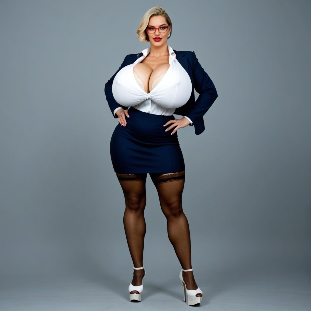 50+, Red Glasses, Very Light Brown Stockings White Platform High Heels AI Porn