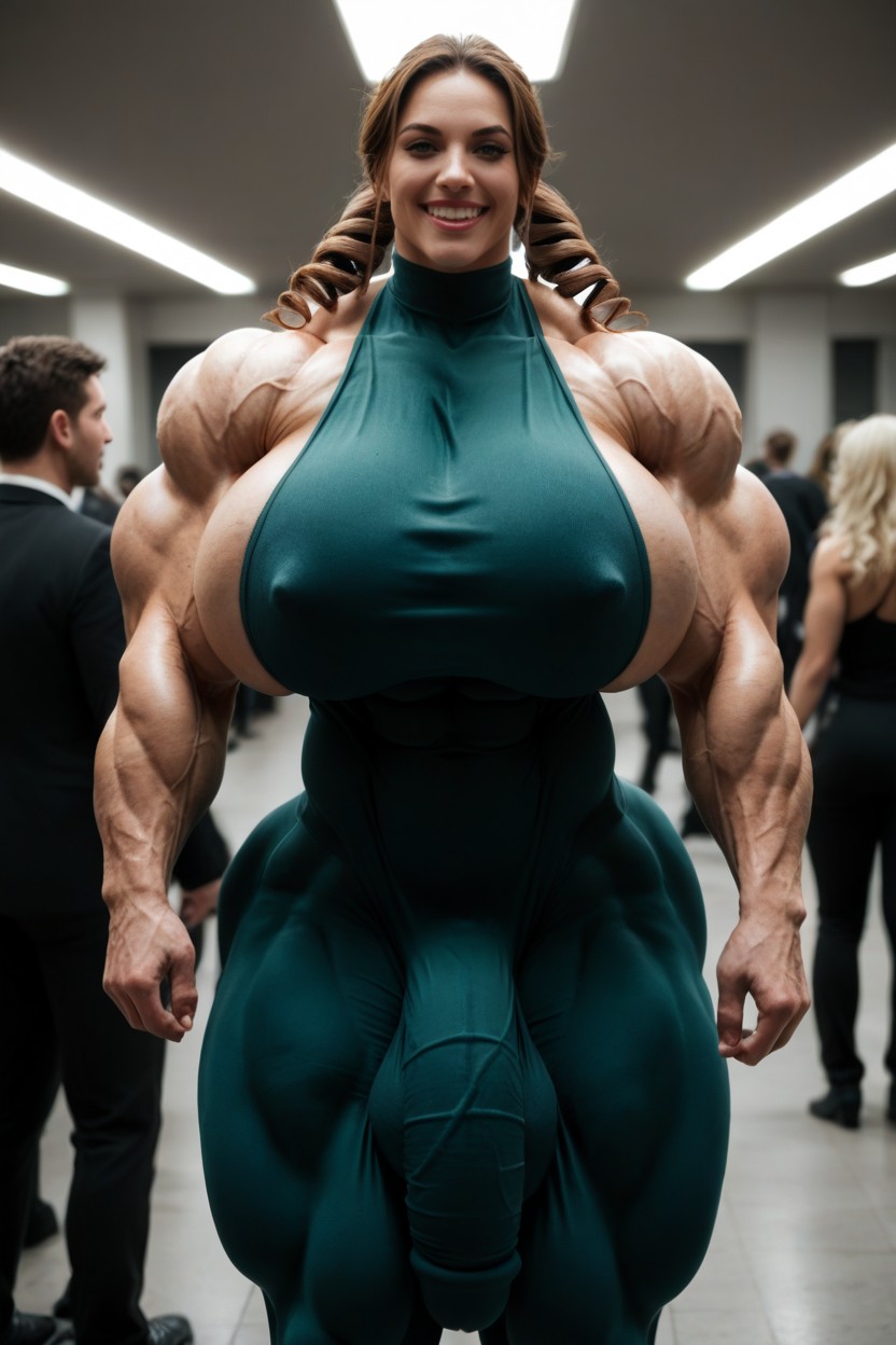 Futa Hugging Man, Smiling, Hyper Gigantic Massive Muscles Woman Shemale AI Porn