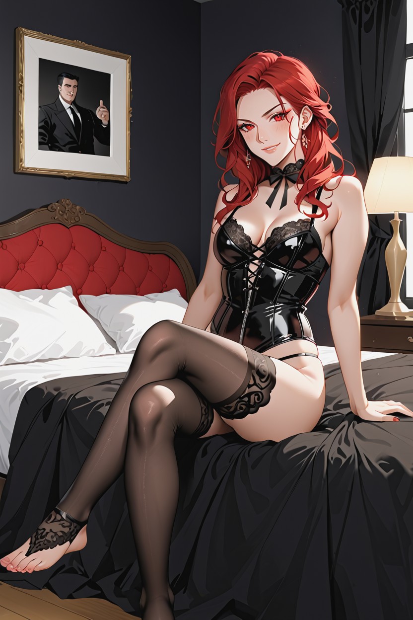 Red Eyes, Lace Trim Stockings, Lying On The Bed Hentai AI Porn