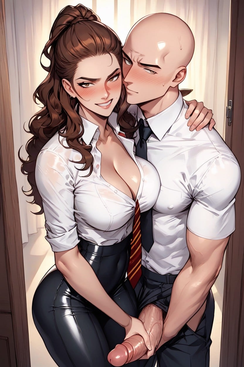 Bedroom, Female Touching Mans Cock, Rounded Breasts Hentai AI Porn