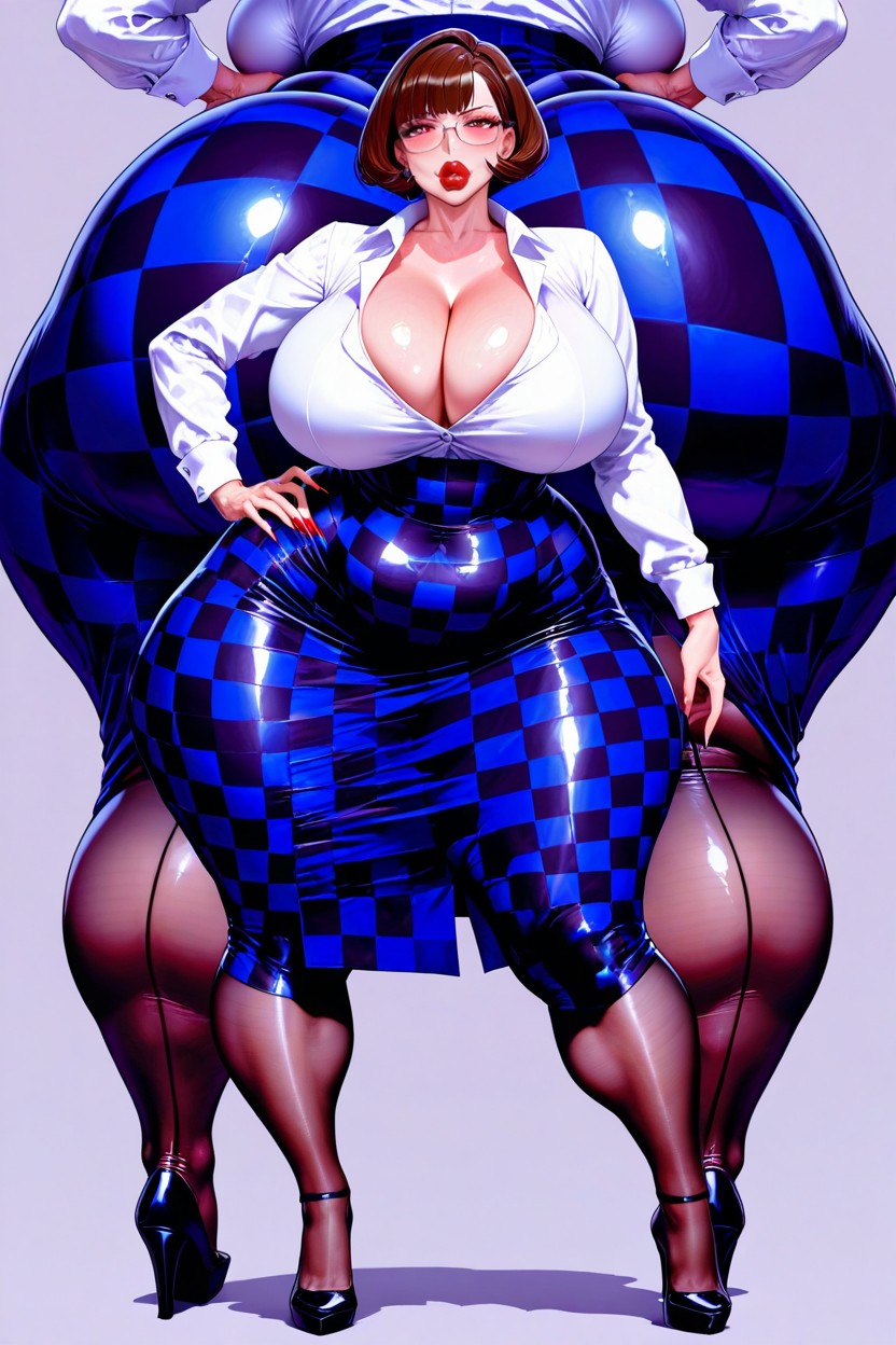 Checkered Dress, Huge Breasts, In Glasses AI Porn