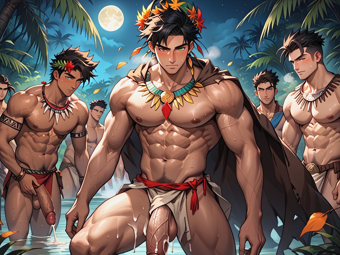 Harem Handsome Mens, Lot Of Naked Tribal Men Around In Jungle, Masculine Face AI Gay Porn
