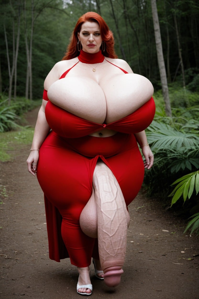 Cleavage, Red Sleeve Pants, Gigantic Breasts Shemale AI Porn