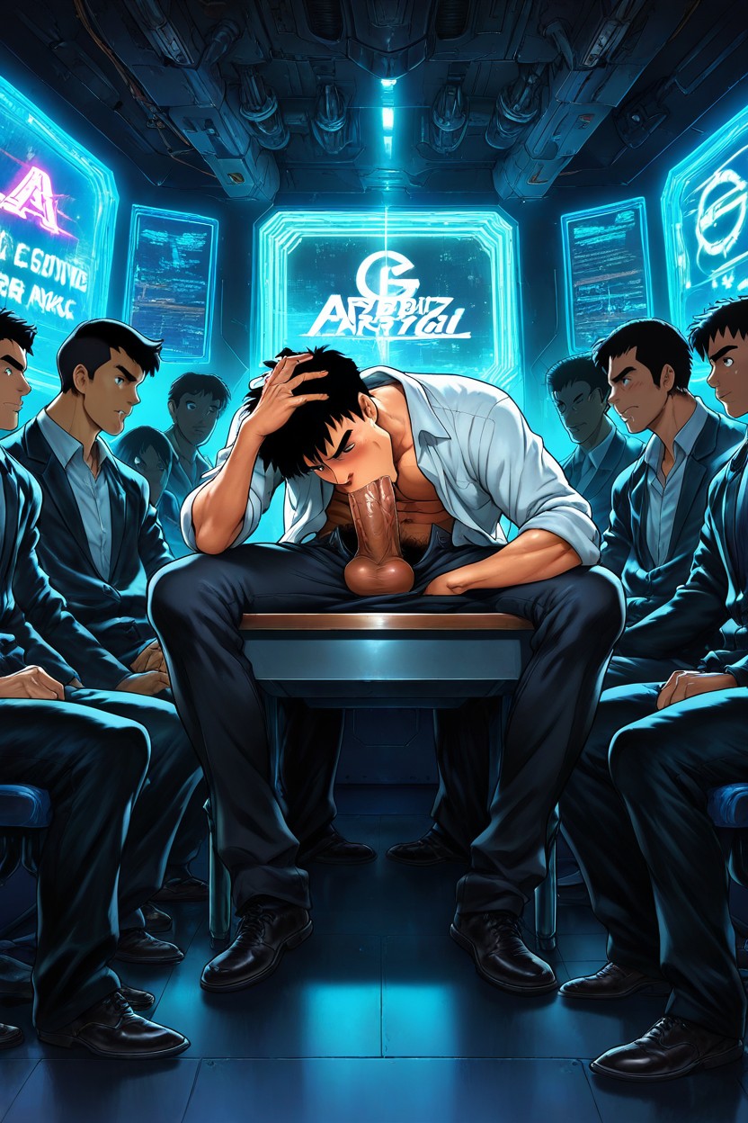 Back Of The Room, Sitting Under Desk, Mouth Agape AI Gay Porn