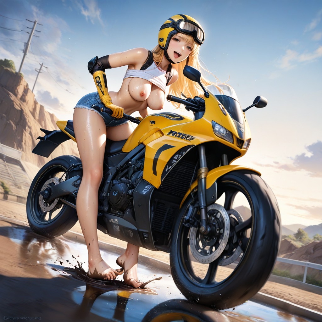Long Blond Hair, On A Large Offroad Gravel Track, Full Face Offroad Bike Helmet Hentai IA