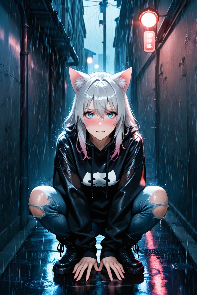 Shivering Slightly, Lightly Wet From Rain, Woman Hentai IA