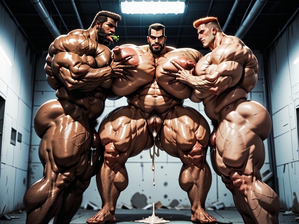Bearded, Tongue Out, Three Gay Menhaving Sex AI Porn