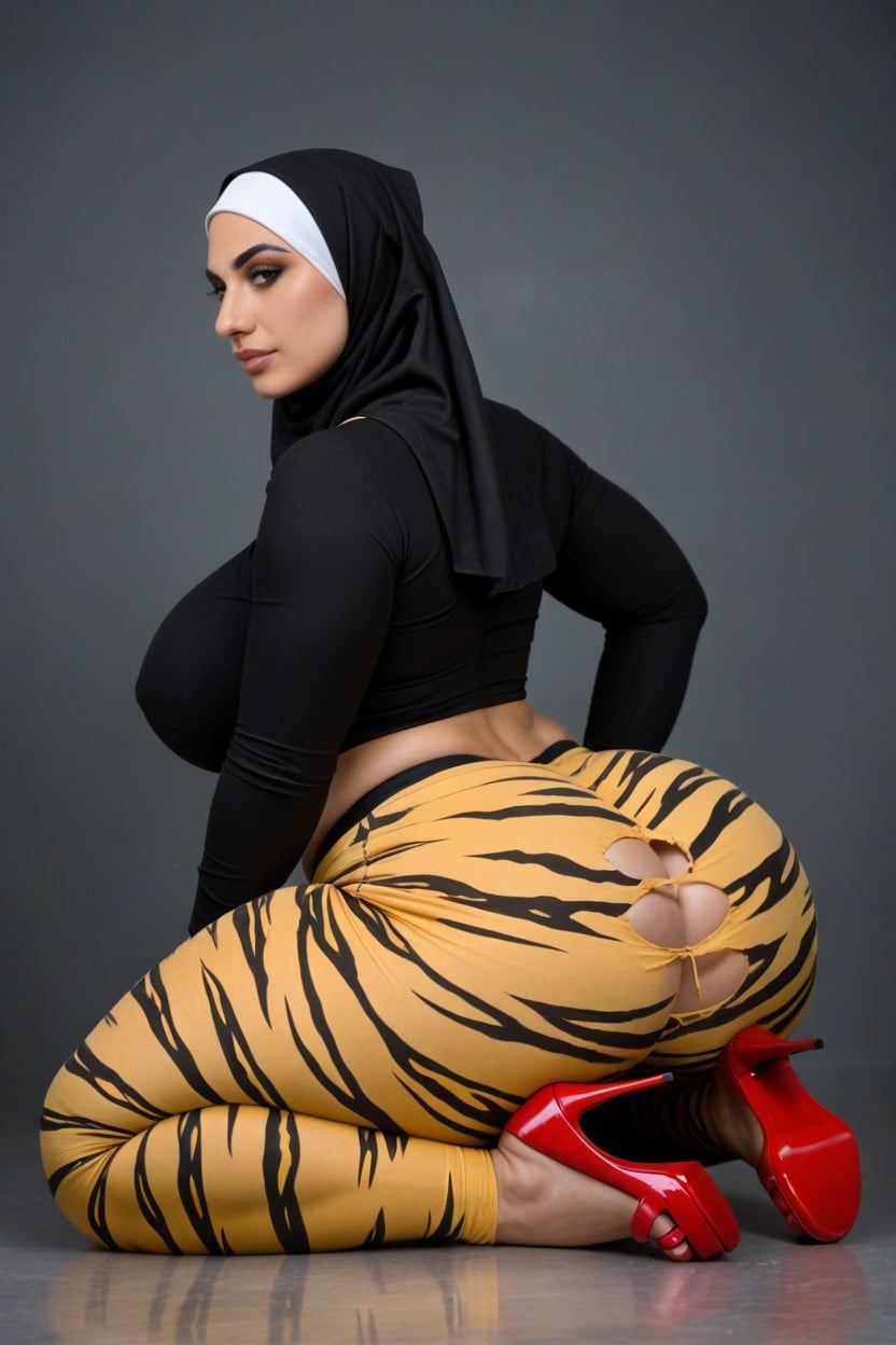 Massive Legs, Yellow Tiger Print Pants, Visible Inner Thigh AI Porn