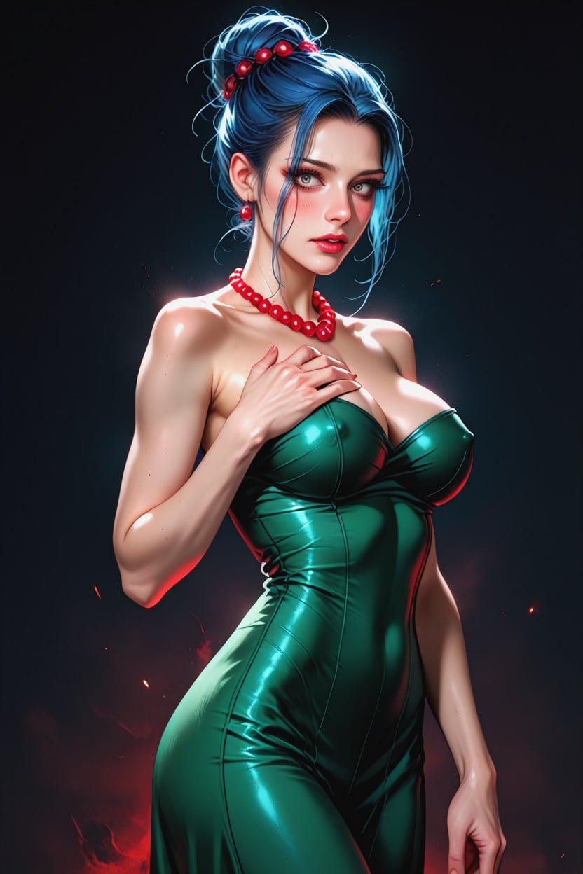 Thick Eyelashes, Red Pearl Necklace, Blue Hair Hentai IA