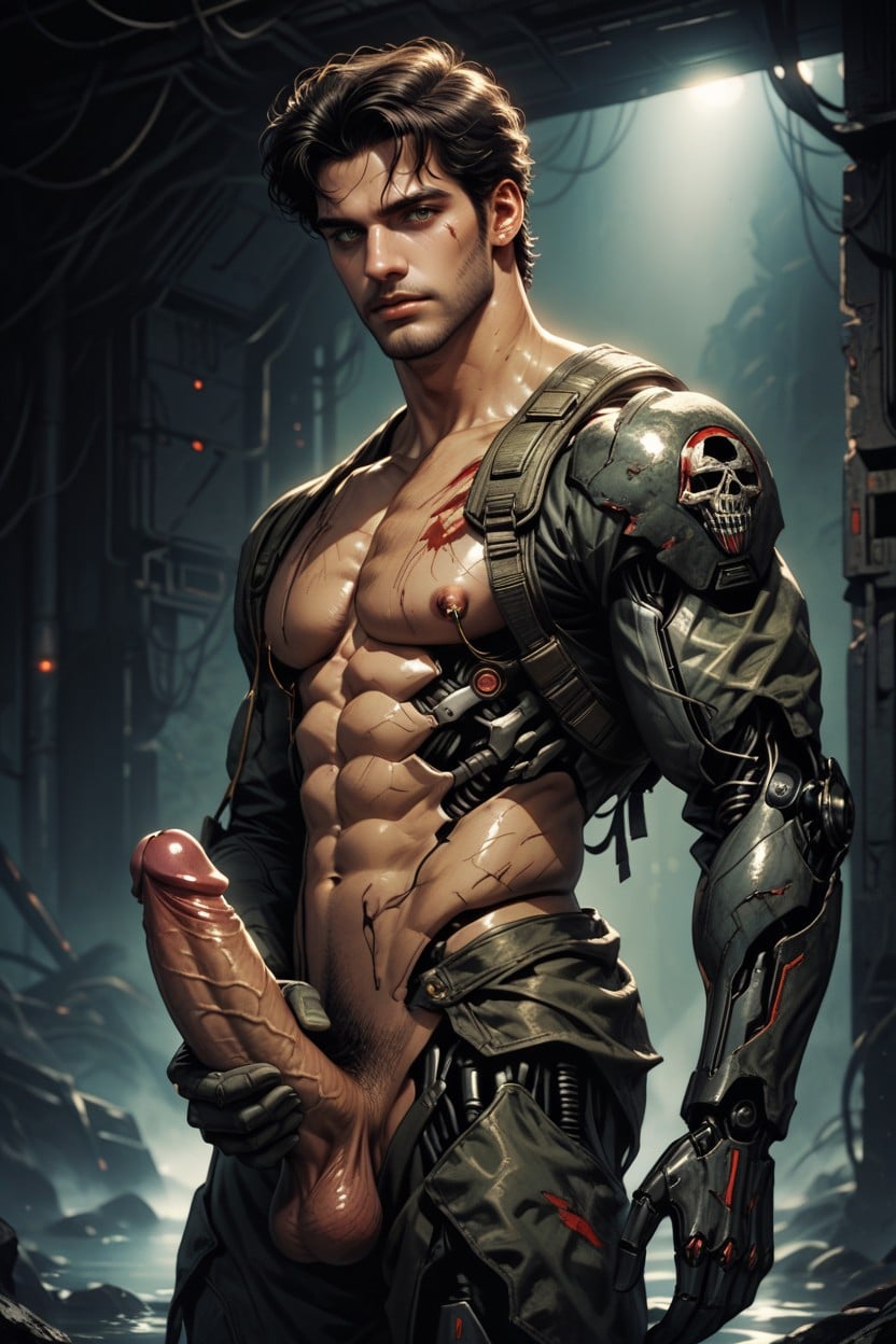 Hr Giger Inspired Armour On A Handsome Human Male, Biomechanical Textures Growing From Under The Skin, Nipple Rings AI Gay Porn