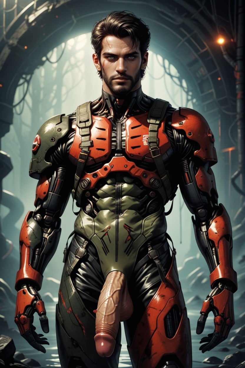 Dark Hair Visible, Standing Inside A Dark Alien Chamber, Human Ass AI Gay Porn