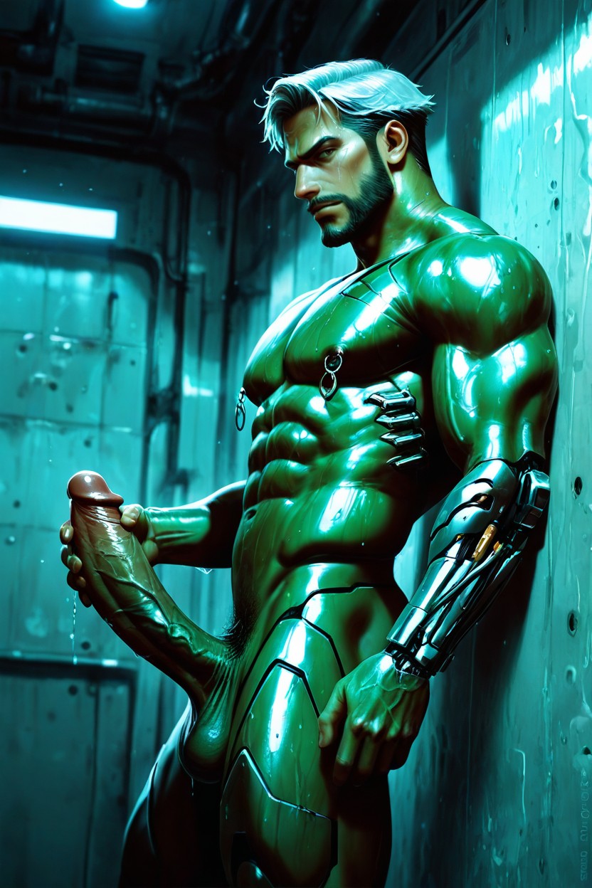 He Is Fully Human, Nipple Rings, Veins Glowing Faintly AI Gay Porn
