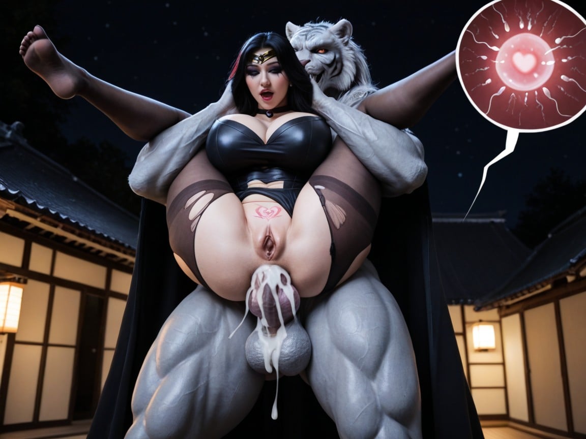 Night, Skinny, Surrounded By Futanari Girthy Tiger Knotted Cocks AI Porn