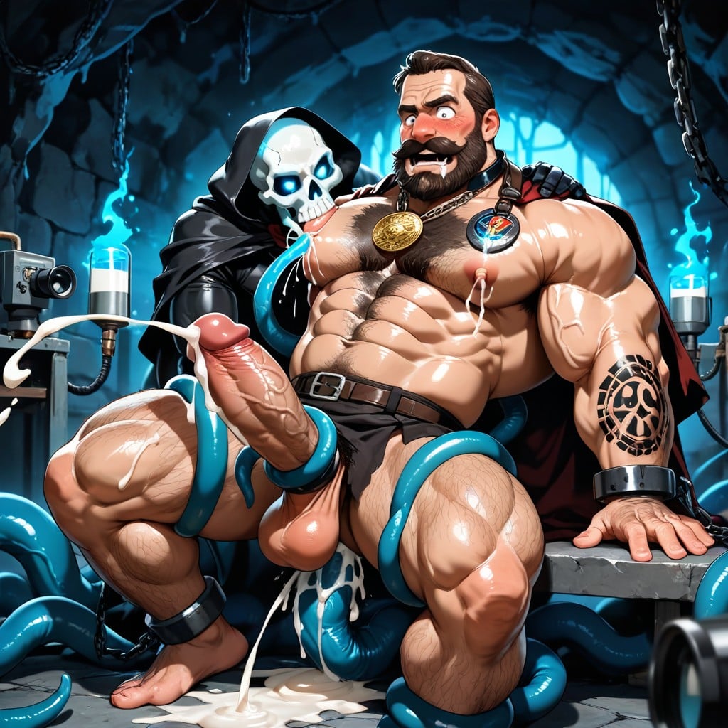 Leaning Back, Lab Experiment Ritual, Huge Hyper Mage Bodybuilder Hairy Daddy With Brown Hair AI Gay Porn