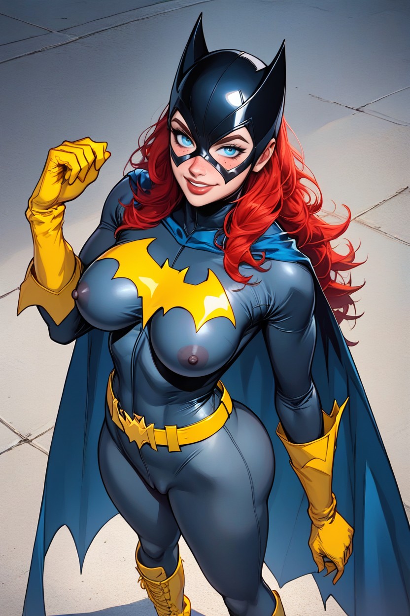 A Blue Cape With A Yellow Lining, Yellow Gloves, Red Hair AI Porn