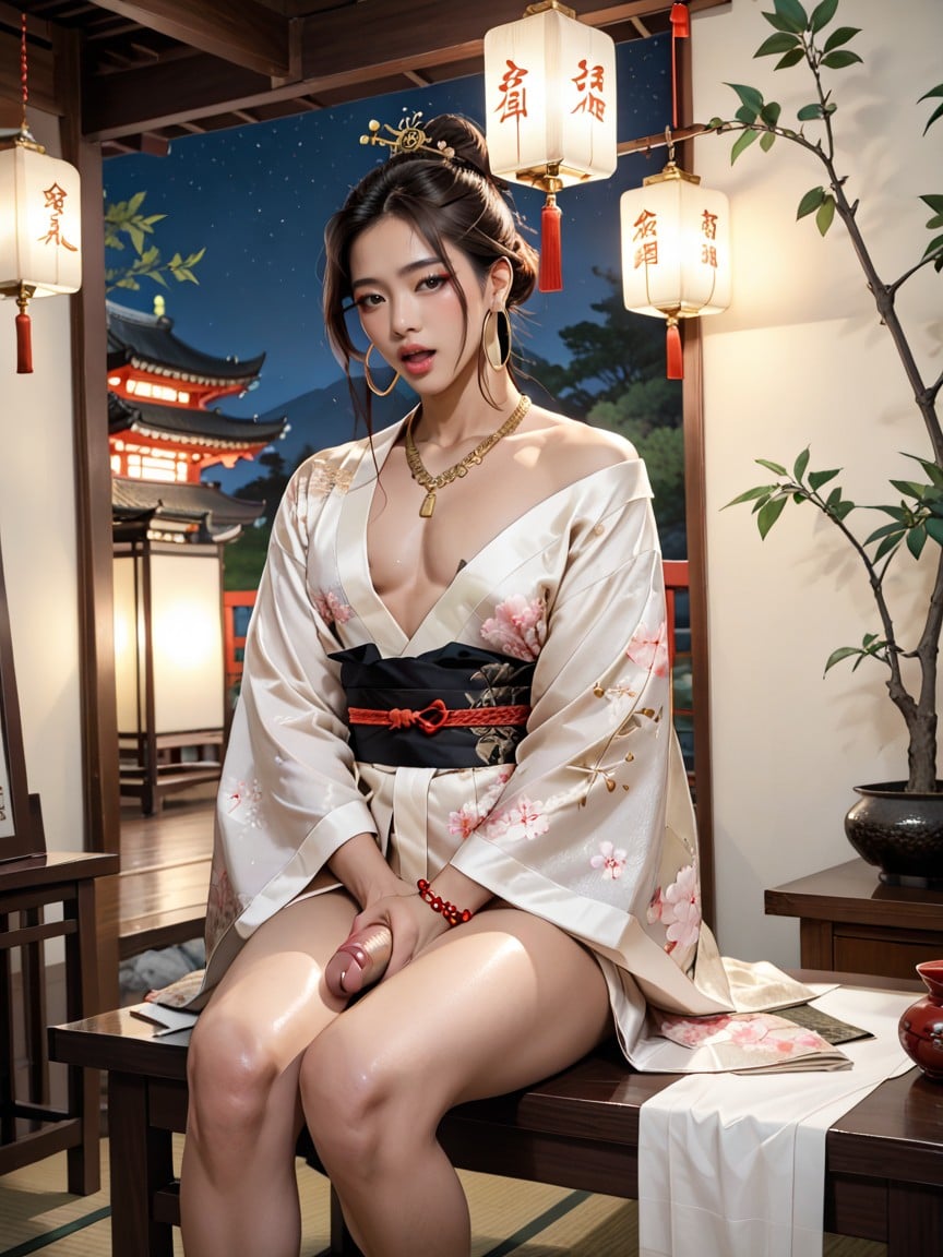 Chinese Cherry Blossom Painting On Wall, Japanese Geisha, Chinese Writing On Wall AI Gay Porn