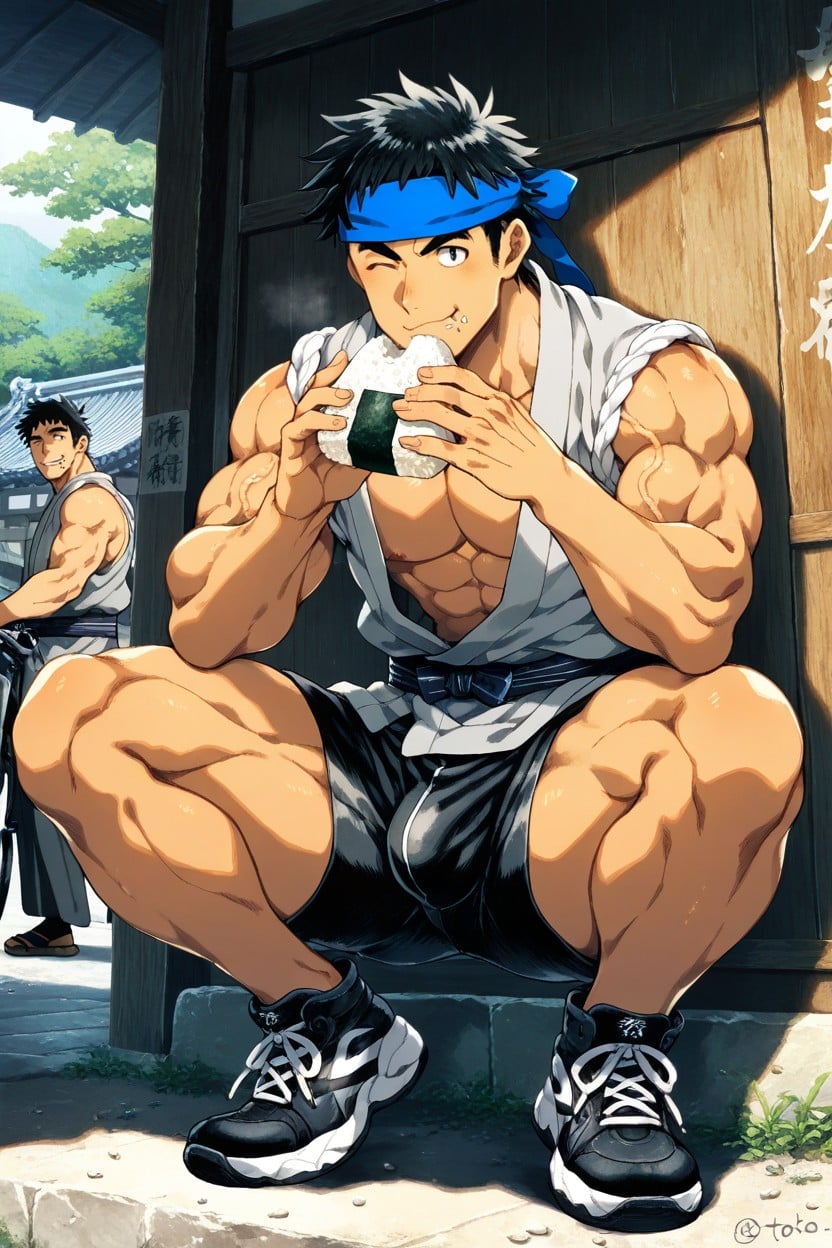 Crouching, Bulge, Eating Onigiri AI Gay Porn