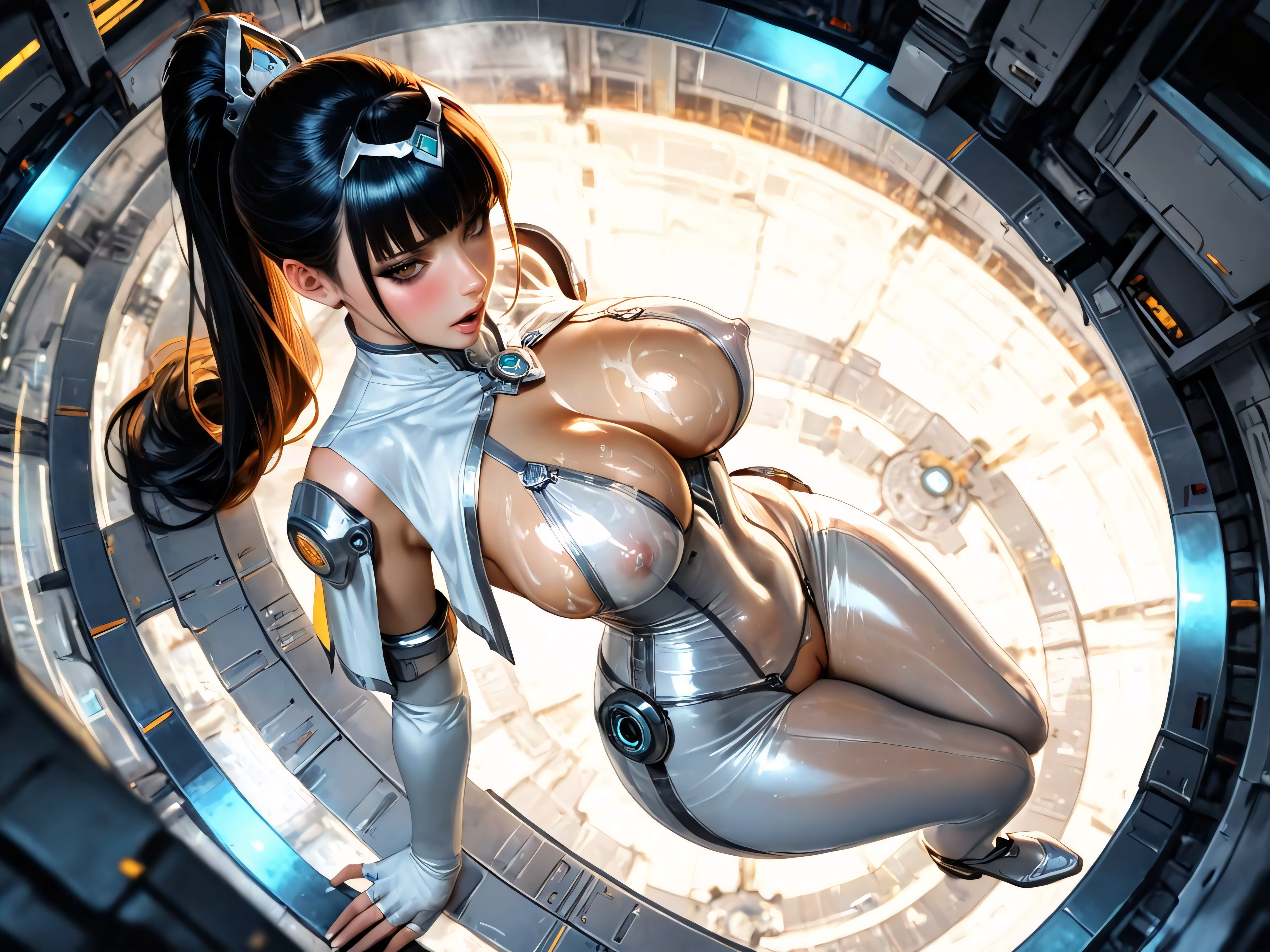 Oiled Skin, Fingerless Elbow Gloves With Ornate Metallic Ornaments, In Heat Hentai AI Porn