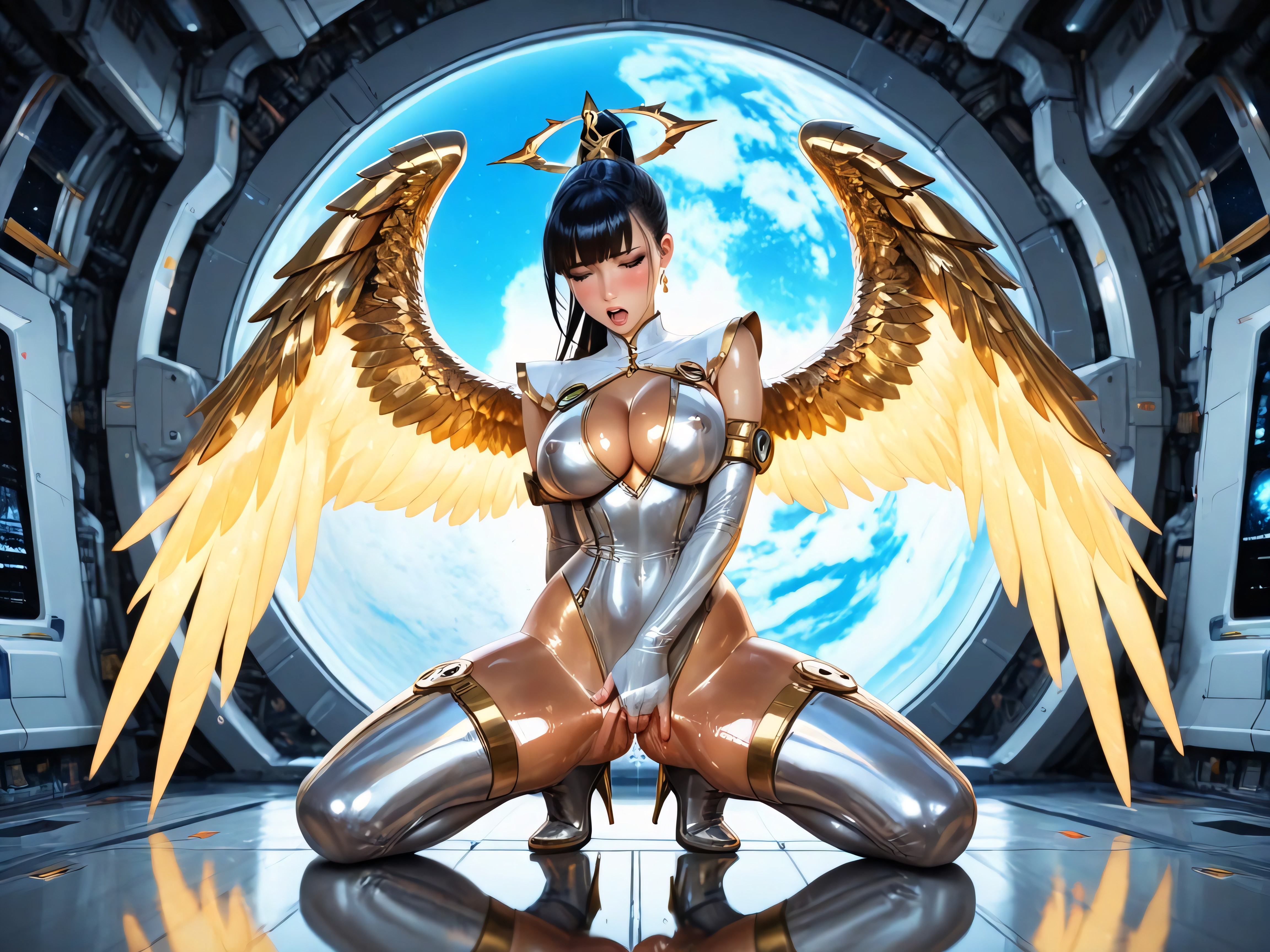 Oversized Futuristic White Metal Head Circlet, Masterwork, Rounded Ass Hentai AI Porn