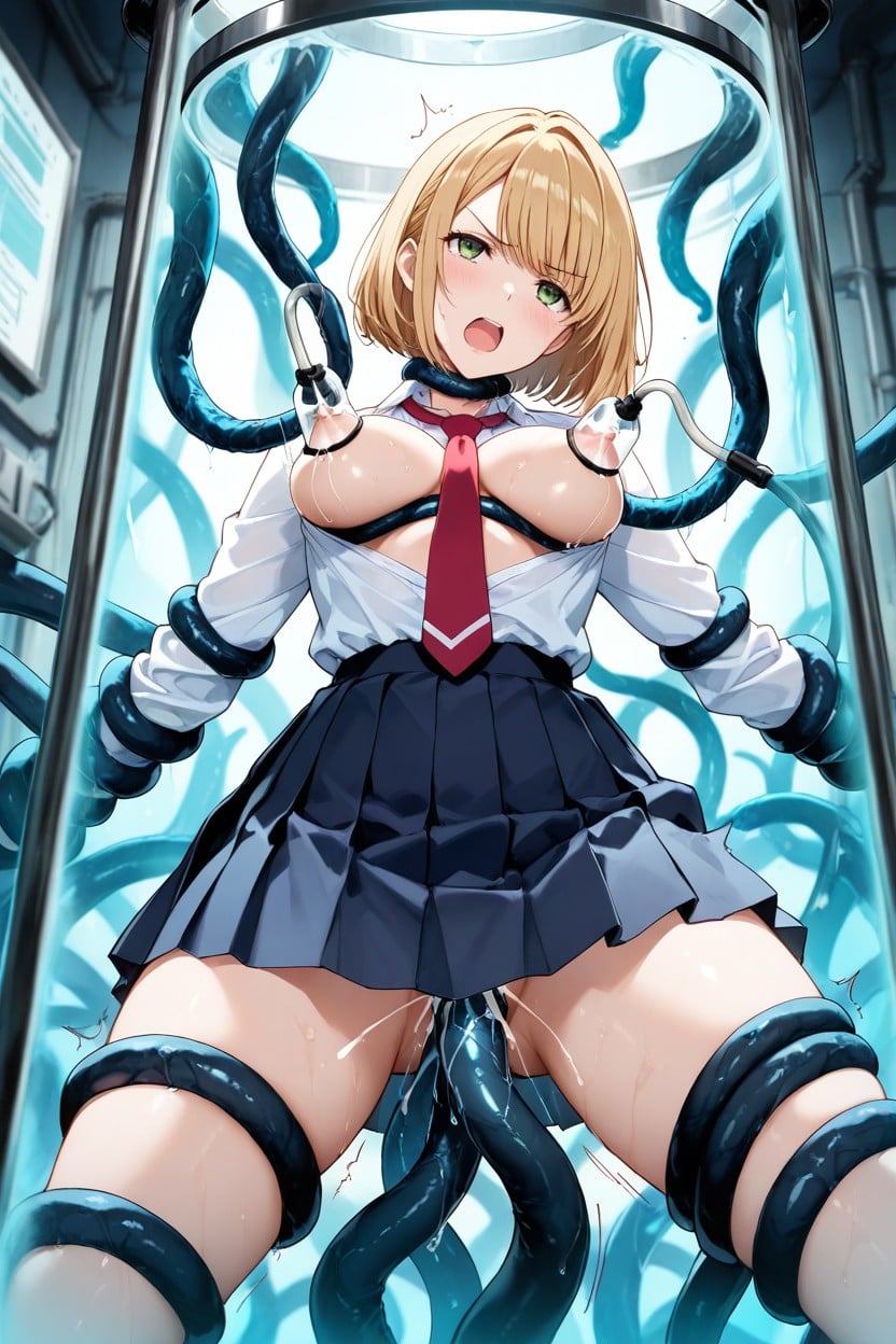 Deep Red Necktie, Tentacle Restraints, Medium Breasts Hentai AI Porn
