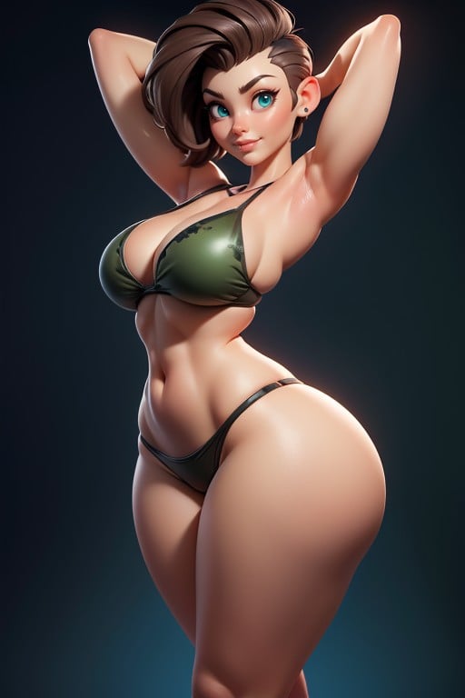 Head Bald On The Sides, Thick Thighs, Arms Up In Front Of Face In Hugging Pose Hentai AI Porn