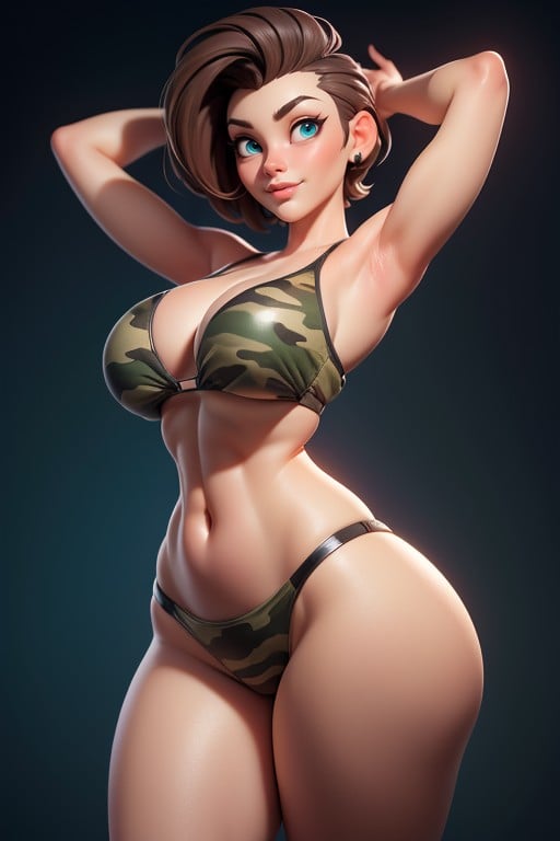 Brown Hair In A Mohawk Hair Style On Bald Head, Large Breasts, Shaved Bald On The Sides Of Head Hentai AI Porn