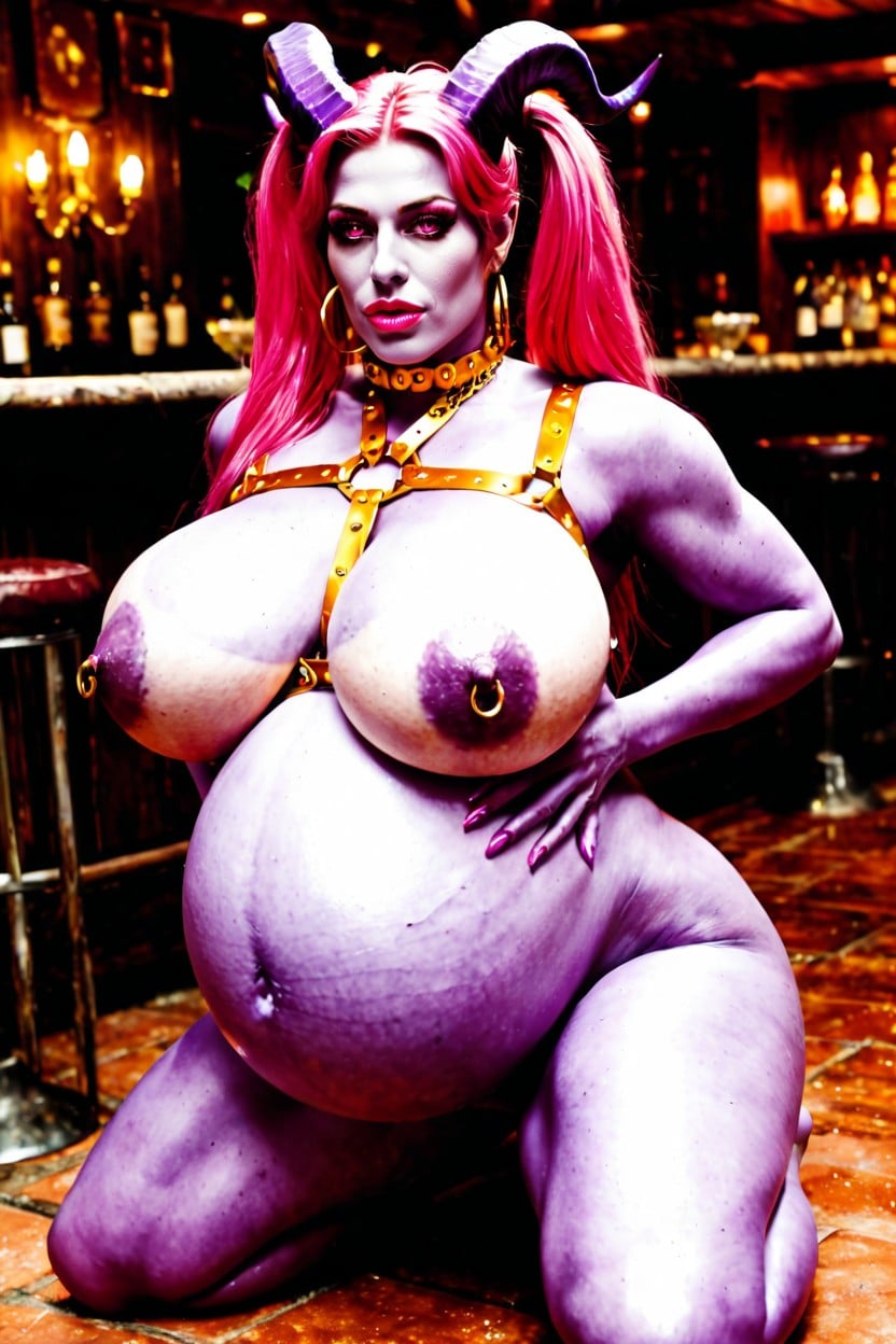 Purple Horns On Head, Pink Eyes, Photo Award AI Porn