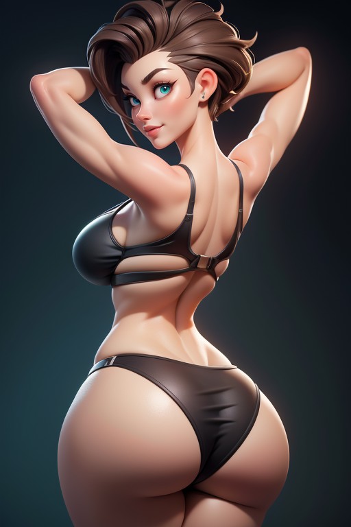 Buzzcut, Arms Up In Front Of Face, Rear View Of Massive Round Bubble Shaped Booty Ass Hentai AI Porn