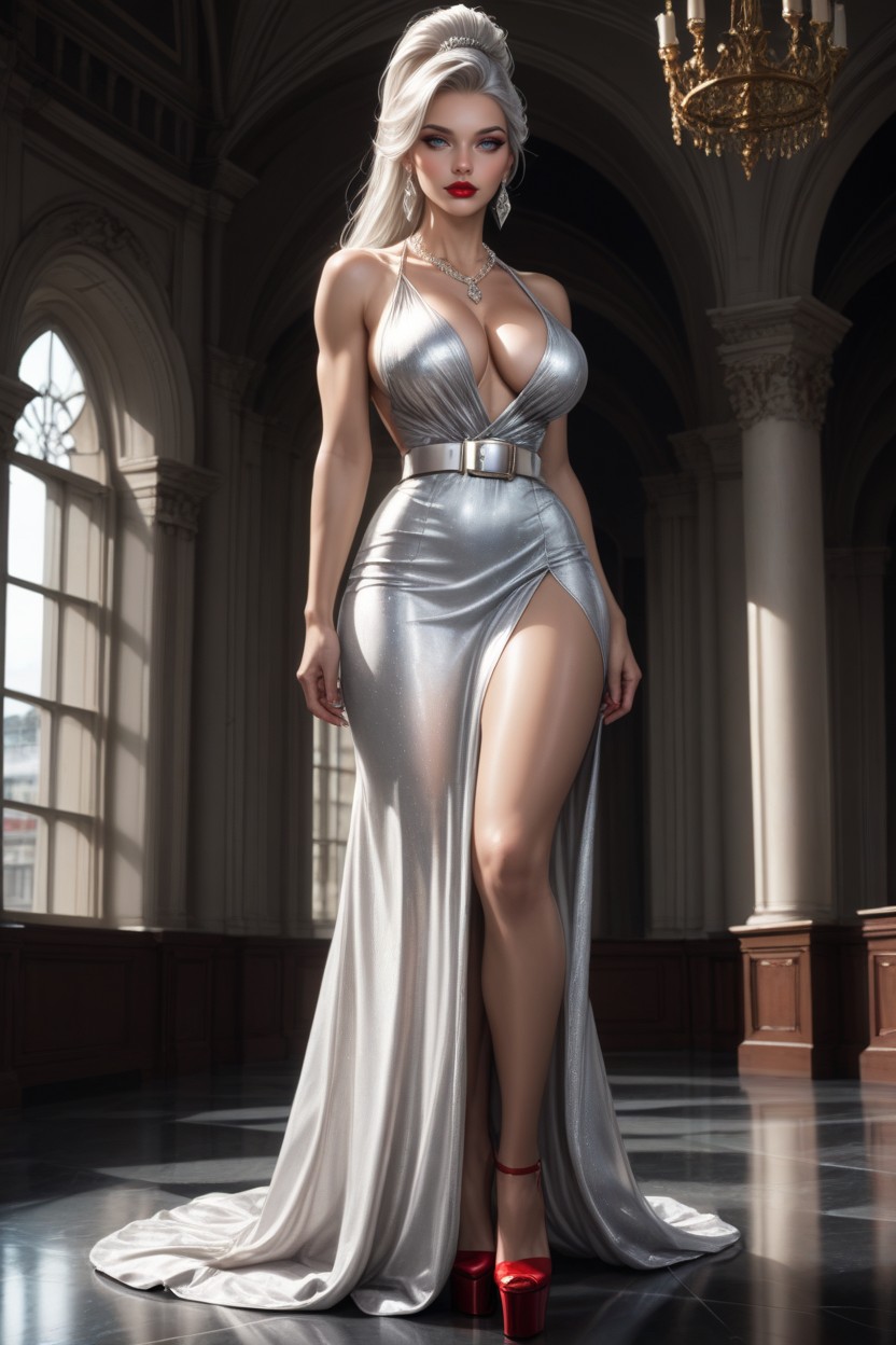 Red Hyper Skimpy Backless Slit Dress, Penthouse, Position AI Porn