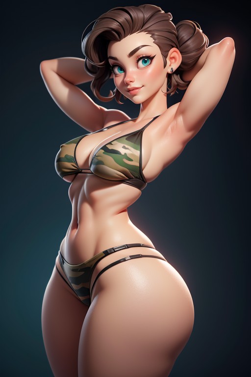 Arms Up In Front Of Face In Hugging Pose, Mohawk Hairstyle Shaved Bald On The Sides, Thick Thighs Hentai IA