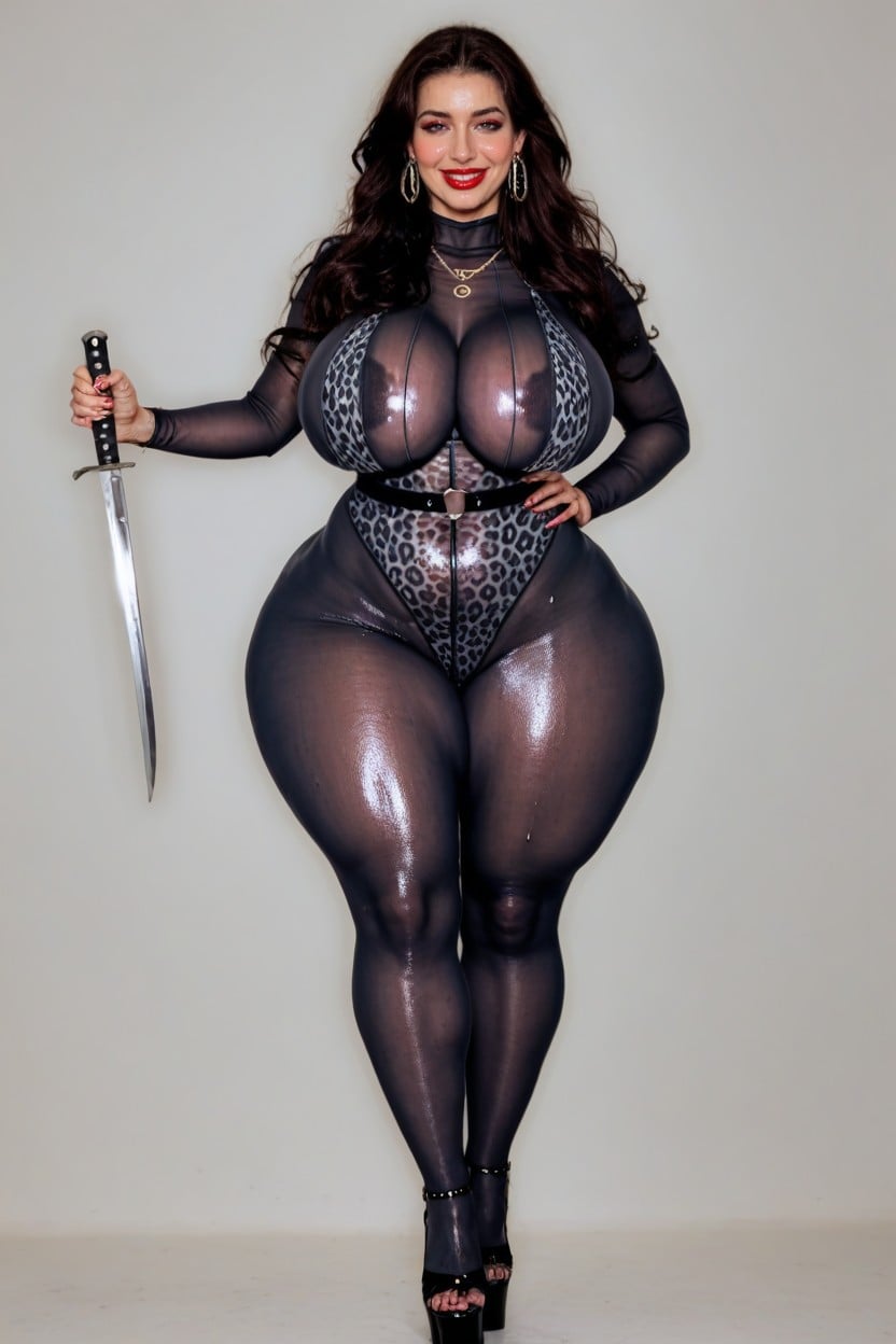 Blue Nylon Sheer Crotch Bodystocking At Black Leopard Print, Hyper Ass, Red Lipstick AI Porn