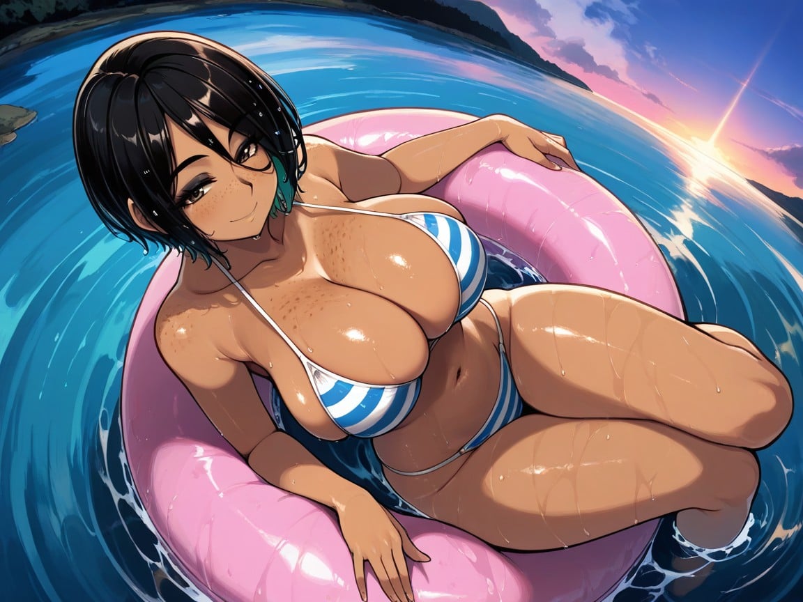 Seductive Smile, Sultry Half Closed Eyes Looking At Viewer, Extremely Snatched Toned Waist Hentai AI Porn