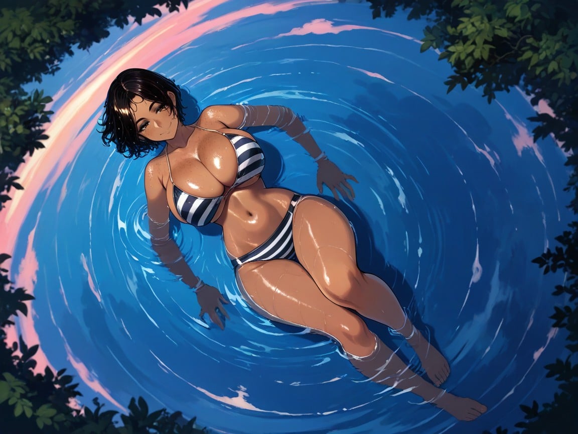 Tight Lewd Wet White Striped Bikini, Deep Skin, Floating On Back In Water Hentai AI Porn