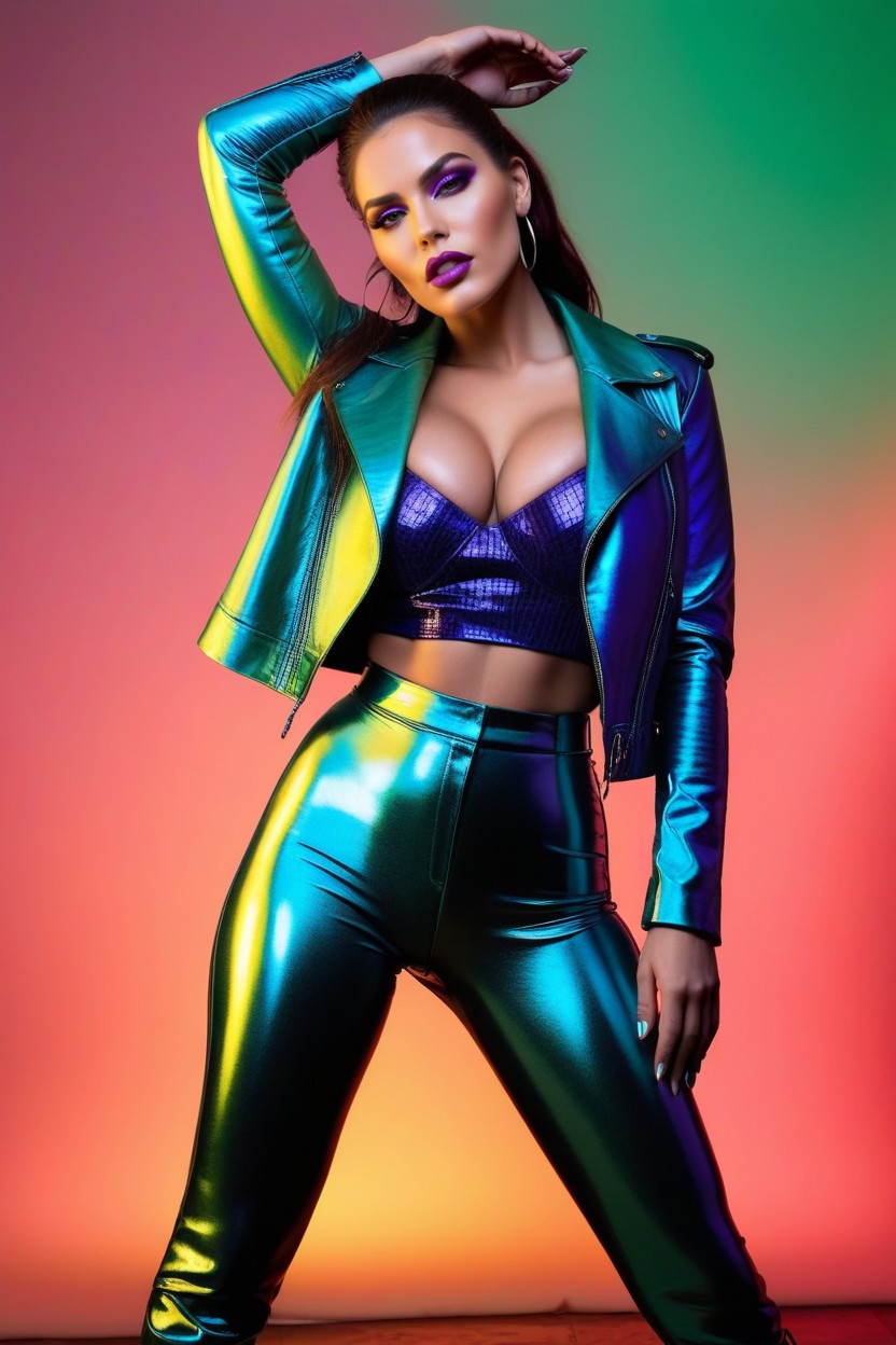 Vivid Cobalt Blue Eyeshadow, Chunky Soles, Metallic Reflective Purple Lips AI Porn