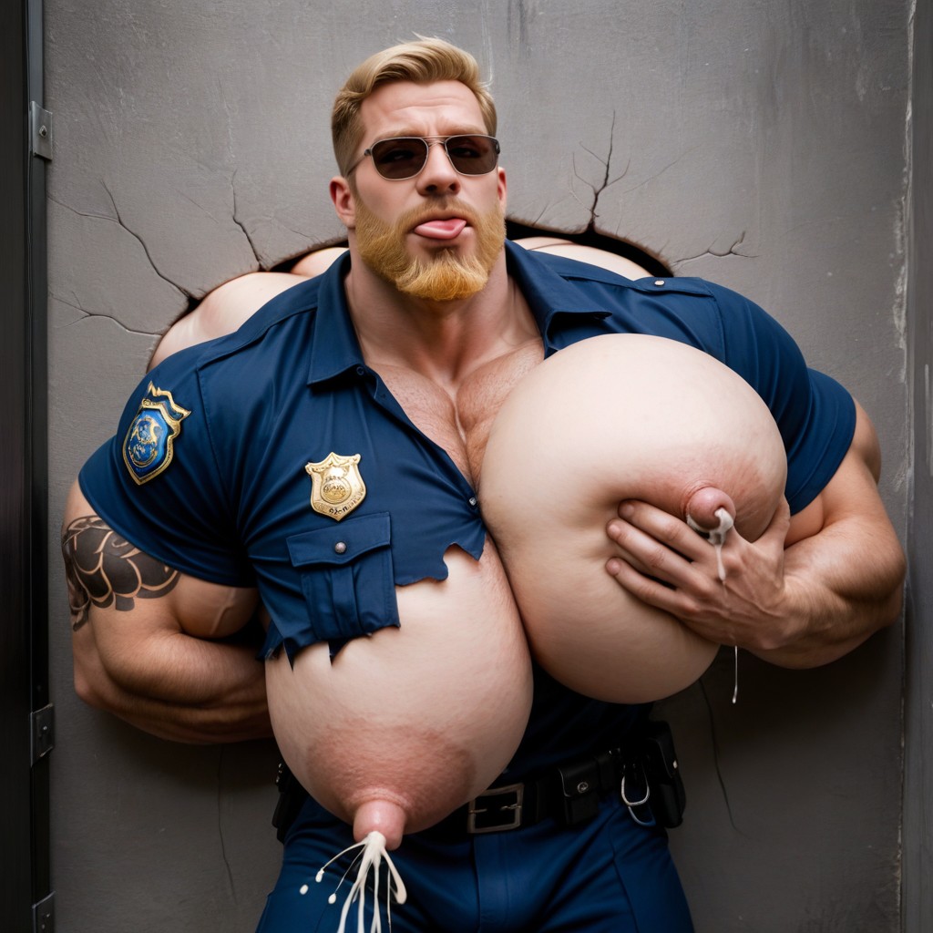 Torso Stuck In Wall Hole, Square Jaw, Police Costume AI Gay Porn