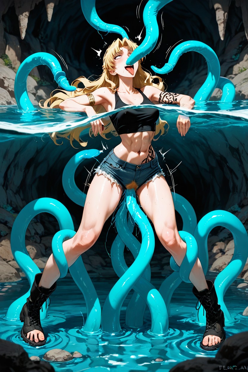 Platine Blonde Hair, Each Pose Is Layered Over The Same Environment, Dark Grey Rocky Underground Cave Background Hentai AI Porn