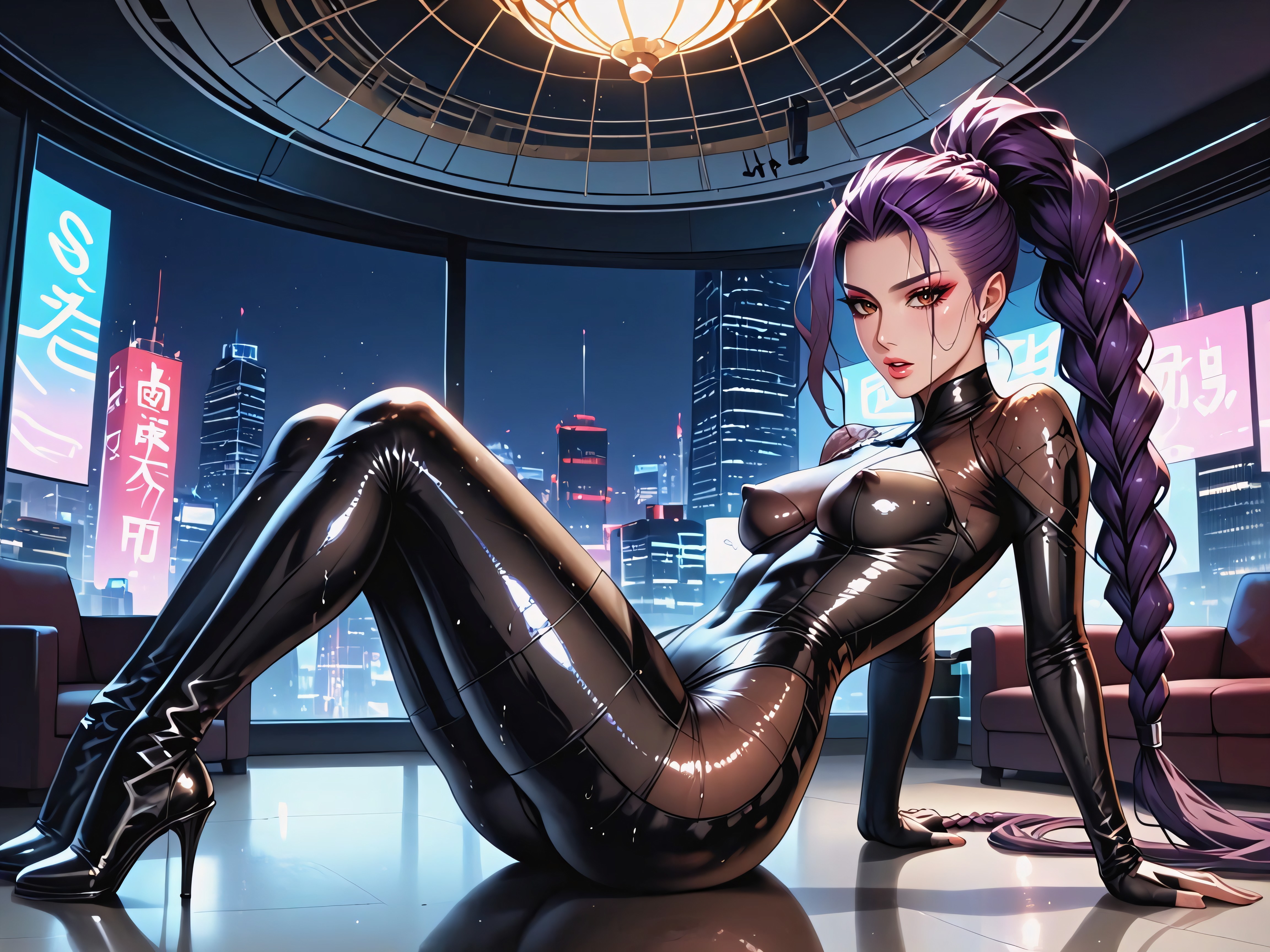 Knee Length Hair, Massive Eyes, Ornate Metallic Details On Bodystocking Hentai AI Porn