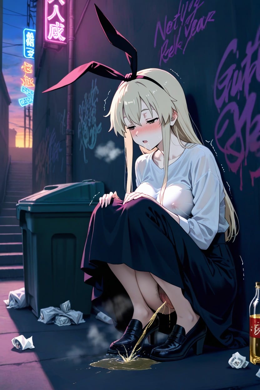 Leaning Against Wall, Hiding, Stairs Hentai AI Porn