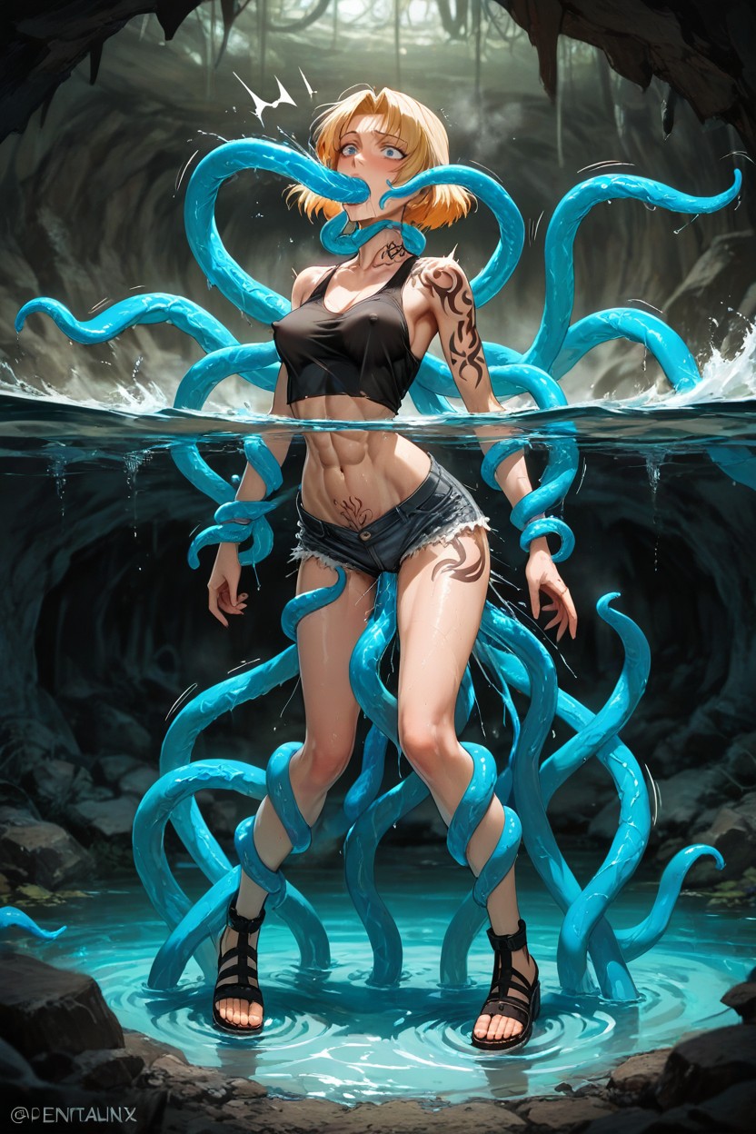 Masterfully Elegant And Dynamic Linework, Blue Tentacles Wrapped Around Her, Dégoûté Hentai IA
