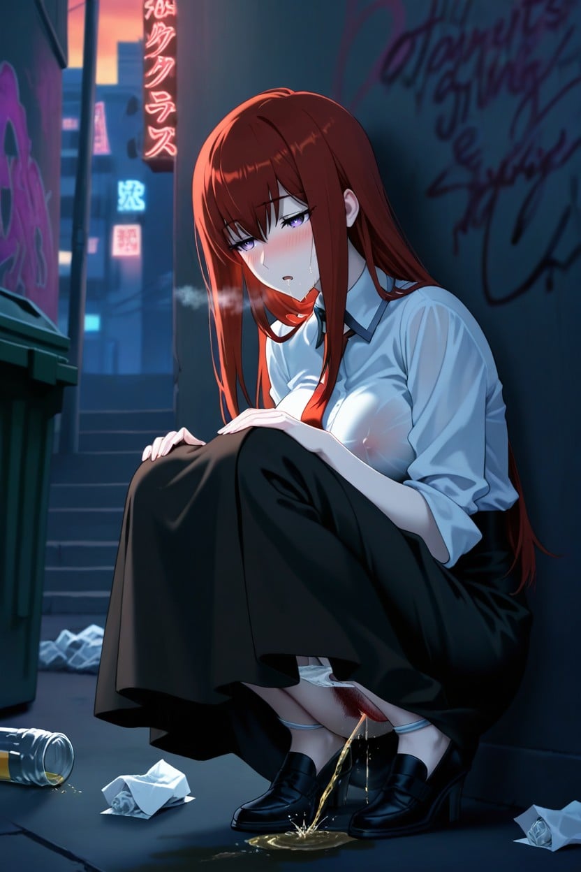Cotton Panties Pulled Down To The Legs, Squatting, Stairs Hentai AI Porn