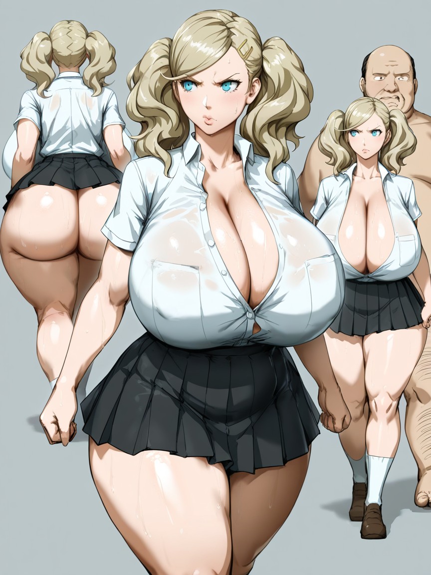 Short Sleeves, Simple Grey Background, Blonde Hair AI Porn