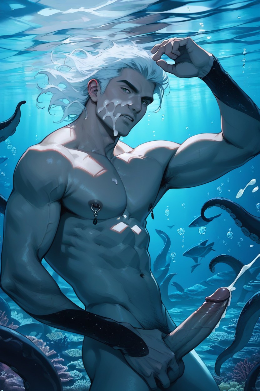 Partially Obscured By An Octopus, Aqua And Teal Color Palette, Photorealistic AI Gay Porn
