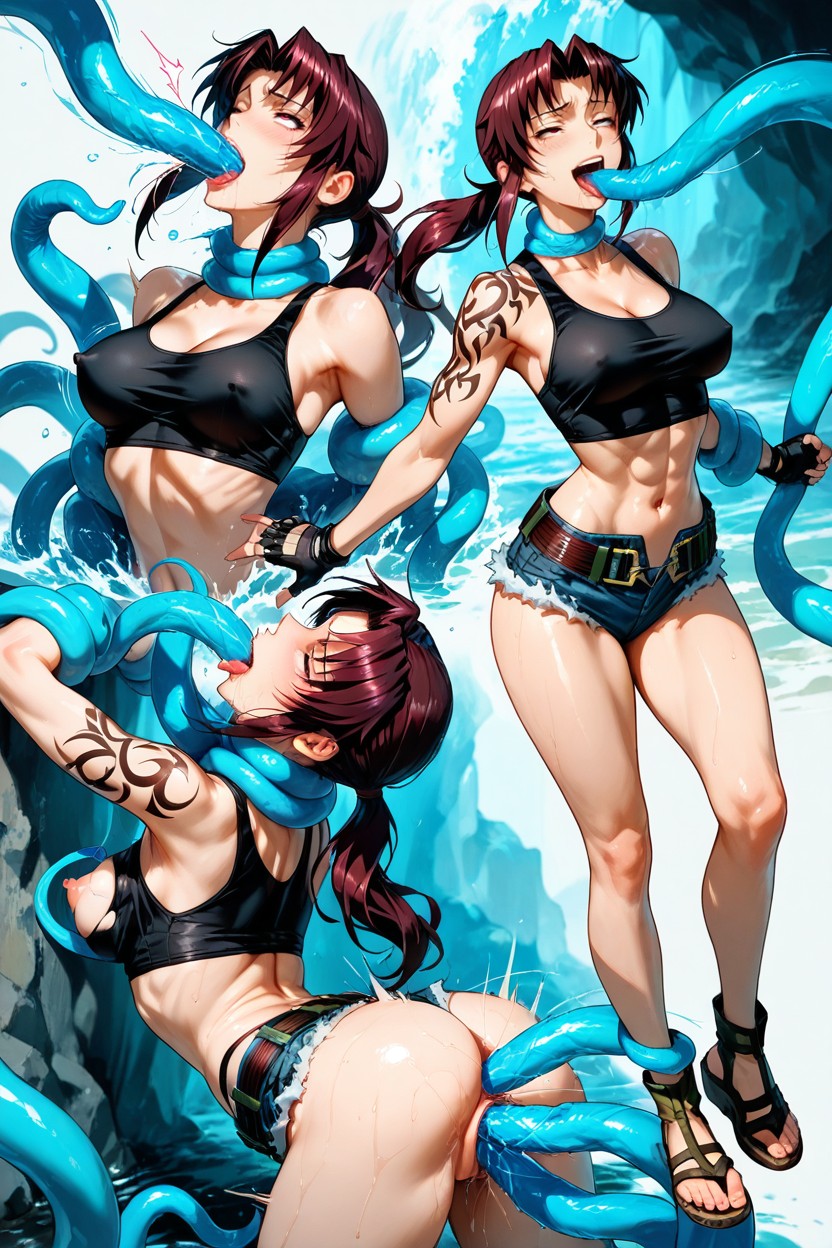 Small Breasts, Tribal Tattoos On Her Upper Right Arm, Flood Of Countless Insanely Colossal Aqua Blue Water Tentacles Hentai AI Porn