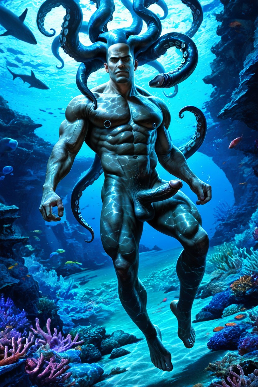 Erect Penis, Black Eel Tentacles Entwined Around The Body, Random Pose AI Gay Porn