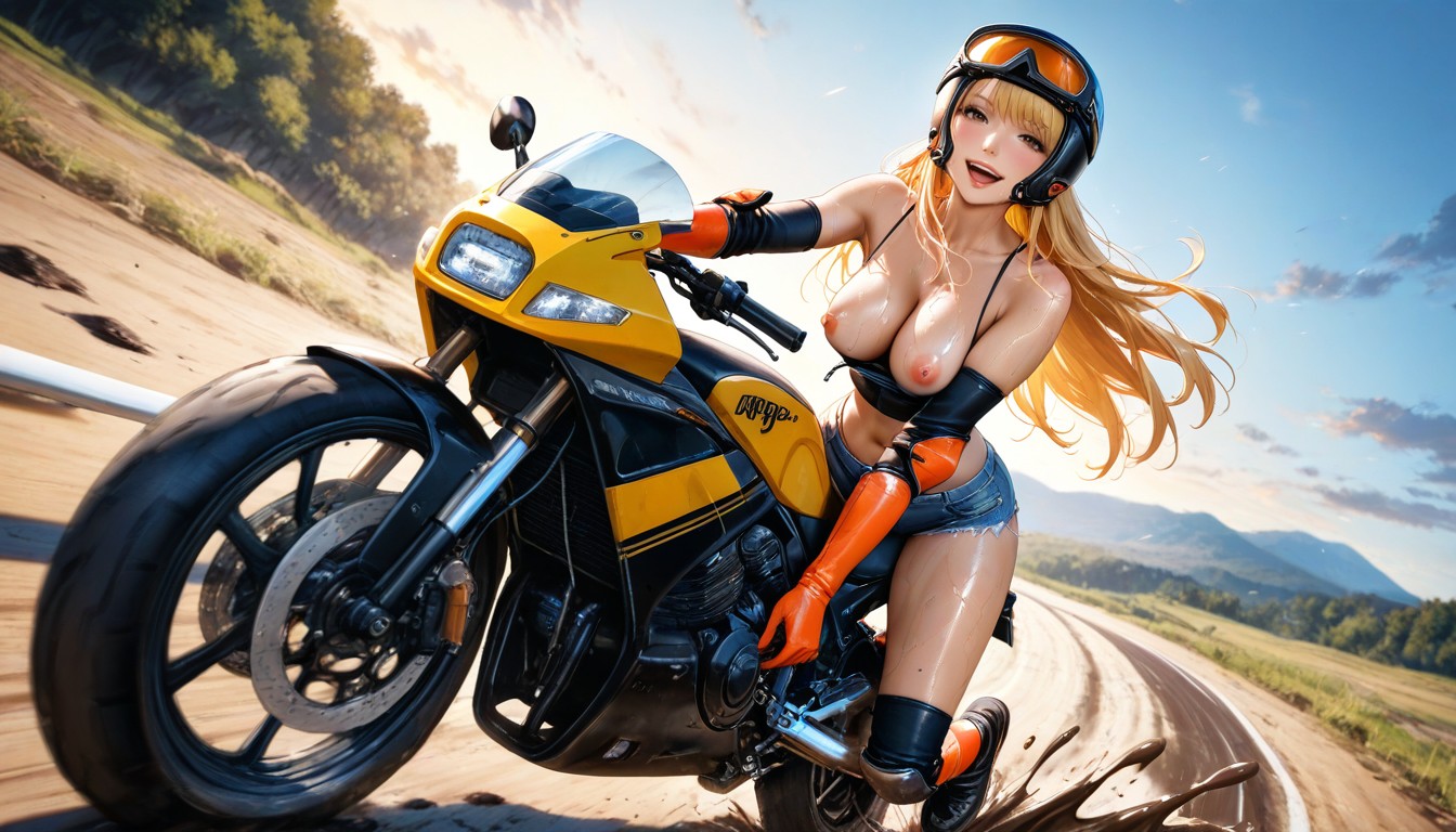 Riding Touring Motorbike, One Hand On Throttle, Top Pulled Up Hentai AI Porn