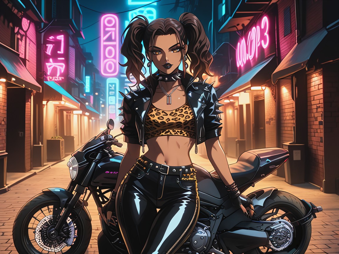 Streetlight In Background, Black Nails, Motorcycles In Distance Hentai AI Porn