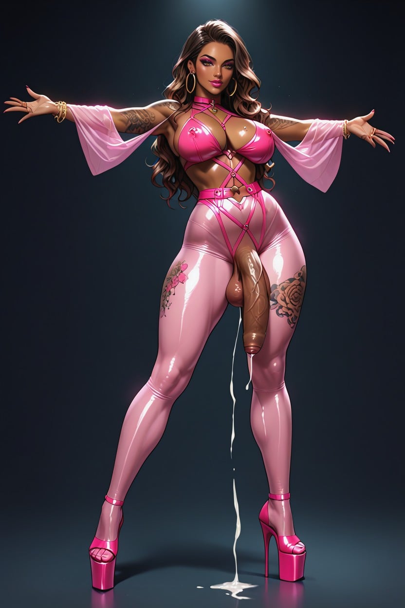 Cum Leaking From Cock, Voluptuous, Foreskin Covered Head Shemale AI Porn