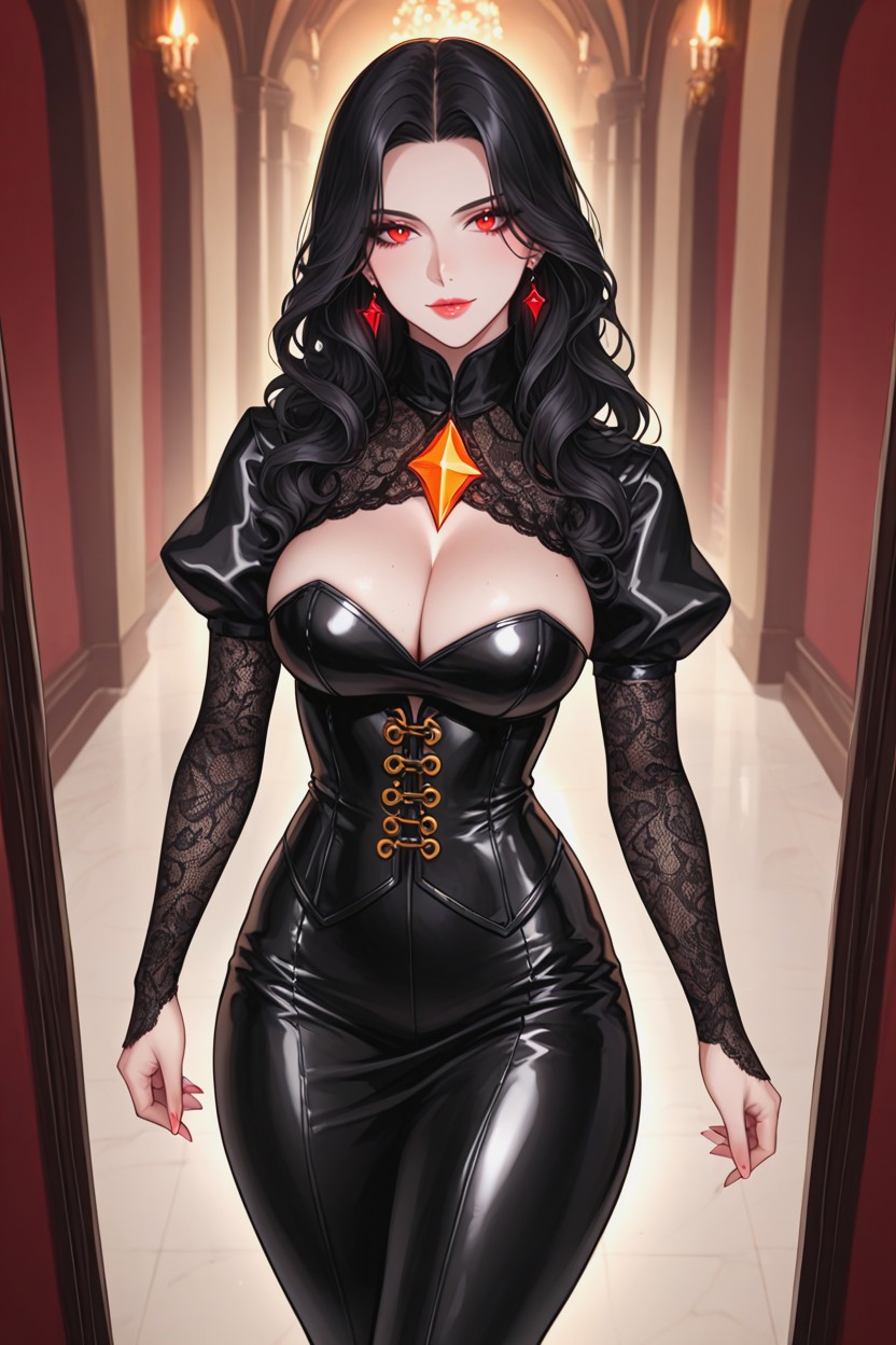 Spherical Lanterns Emitting Warm Orange Glows, Full Lips In A Subtle Smirk, Hourglass Body Hentai AI Porn
